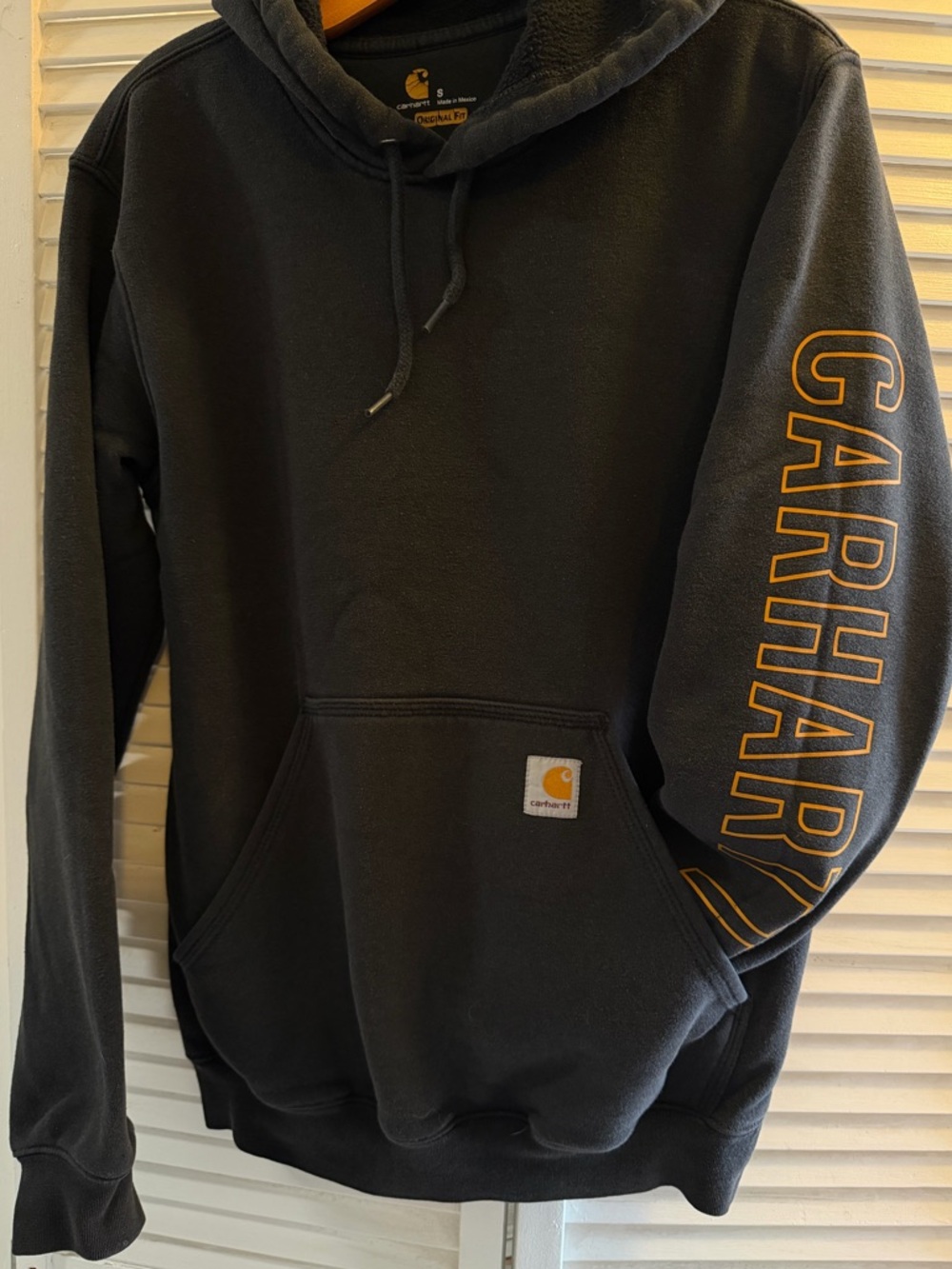 Carhartt Hoodie Black Sleeve Logo Pullover Original Workwear Streetwear Size S